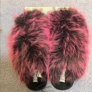Plush Pink and Black Faux Fur Slide Slippers